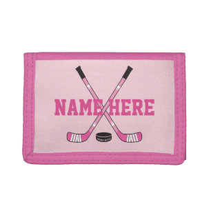 Personalized Girls Pink Hockey Sticks Player Name Tri-fold Wallet