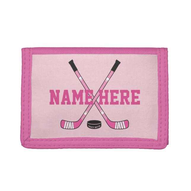 Personalized Girls Pink Hockey Sticks Player Name Trifold Wallet (Front)