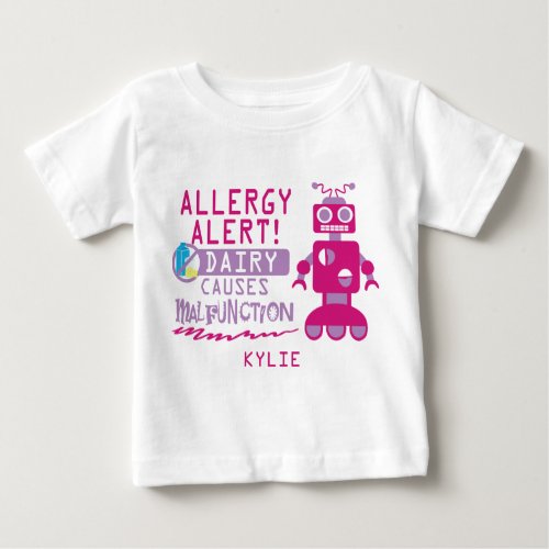 Personalized Girls Pink Robot Dairy Allergy Alert Baby T_Shirt