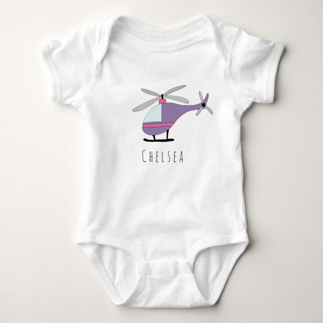 Personalized Girl's Purple Helicopter with Name Baby Bodysuit (Front)