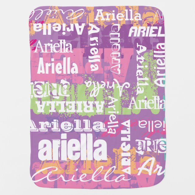 Personalized Girl's Purple Pink Subway Art Swaddle Blanket (Front)