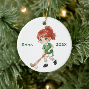 Personalized Girls (Red Hair) Field Hockey Player Ceramic Ornament