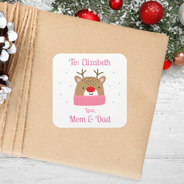 Personalized Girls Reindeer Christmas Gift Square Sticker (Creator Uploaded)