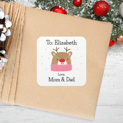 Personalized Girls Reindeer Holiday Gift Square Sticker