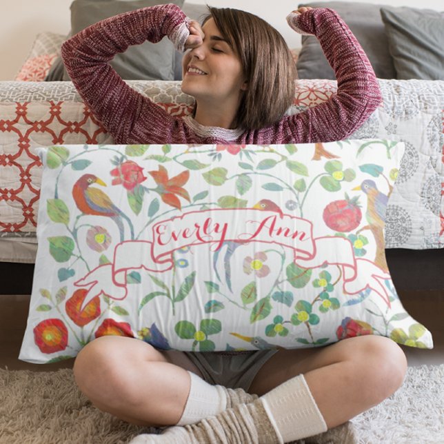 Personalized Girl's Room Watercolor Bird Floral Pillow Case (Creator Uploaded)