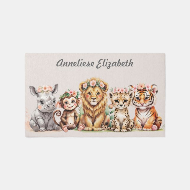Personalized Girl's Safari Animal Nursery Jungle  Rug (Front)