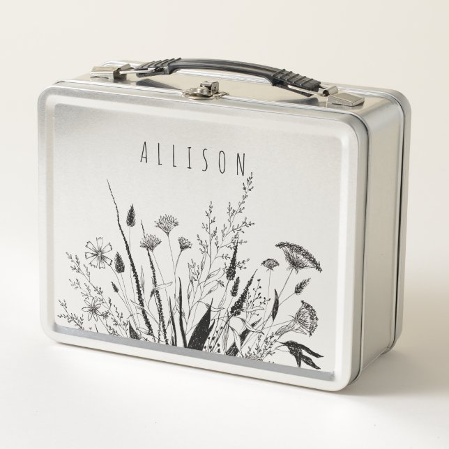 Personalized Girl's School Lunchbox, Botanical Metal Lunch Box (Front)