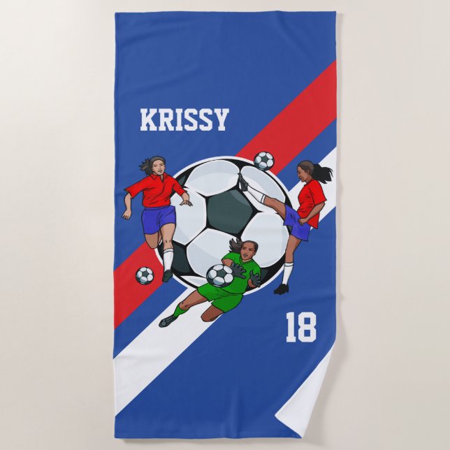 Personalized Girls Soccer Designer Beach Towel (Front)