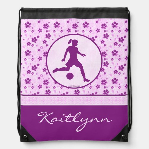 Personalized Girls Soccer Purple Heart Floral Drawstring Bag