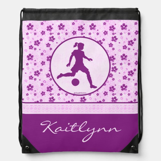Personalized Girl's Soccer Purple Heart Floral Drawstring Bag (Front)