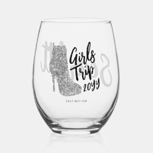 Personalized Girls Trip Disco Mirror Silver Boots Stemless Wine Glass
