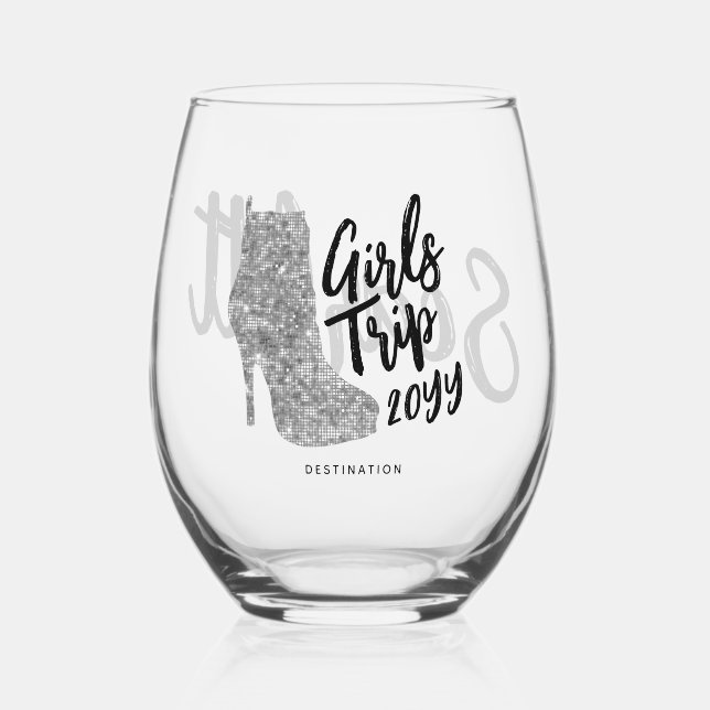 Personalized Girls Trip Disco Mirror Silver Boots Stemless Wine Glass (Front)