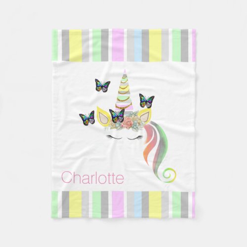 Personalized Girls Unicorn with Pastel Stripes Fleece Blanket