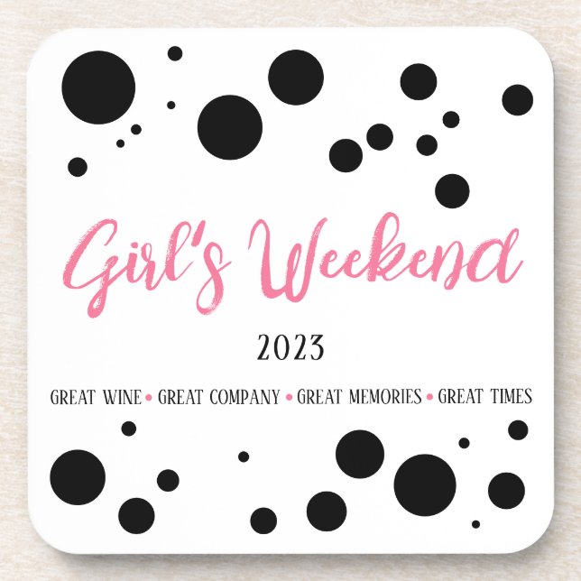Personalized Girl's Weekend Pink Dotted Beverage Coaster (Front)
