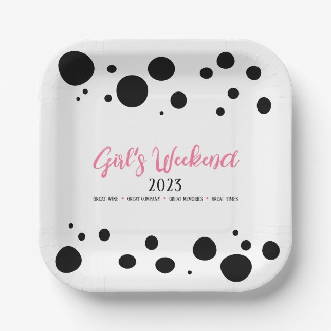 Personalized Girl's Weekend Pink Dotted Paper Plates (Front)