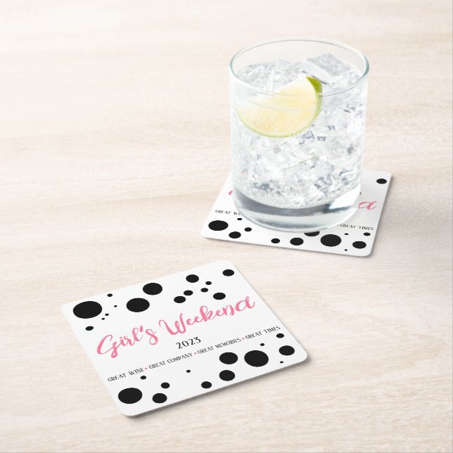 Personalized Girl's Weekend Pink Dotted Square Paper Coaster (Insitu)