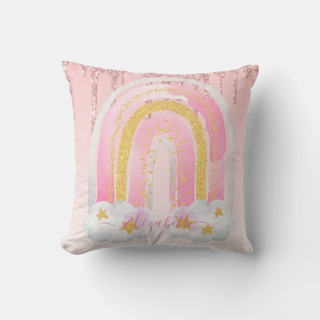 Personalized GIRLY Bedroom decor Glittery RAINBOWS Throw Pillow (Front)