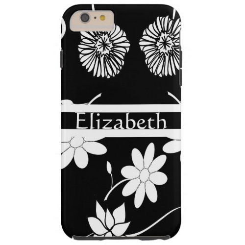 Personalized Girly Black  White Floral With Name Tough iPhone 6 Plus Case