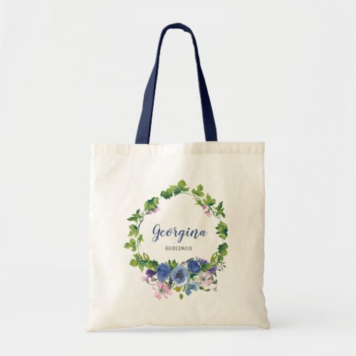 Personalized Girly Blue Floral Watercolor Wedding Tote Bag