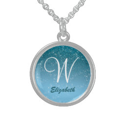 Personalized Girly Blue Glitter Sparkles Monogram Sterling Silver Necklace