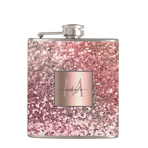 Personalized Girly Blush Pink Glitter Monogram Flask