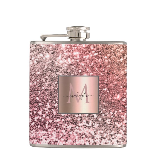 Personalized Girly Blush Pink Glitter Monogram Flask (Front)
