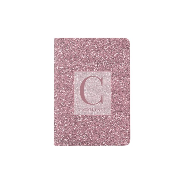 Personalized Girly Blush Pink Glitter Monogram Passport Holder (Front)