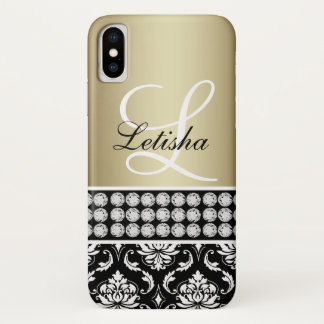 Personalized Girly Bold Gold Black Damask Monogram iPhone X Case