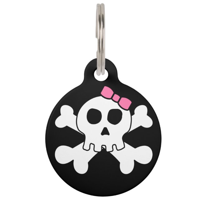 Personalized Girly Bow Skull Crossbones Pet Name Tag (Front)