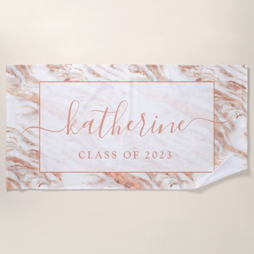 Personalized Girly Chic Copper Marble Rose Gold Beach Towel