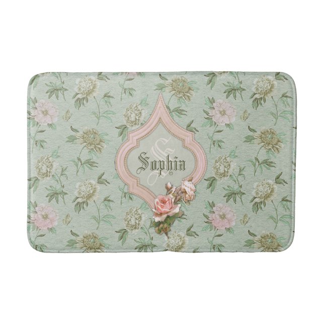 Personalized Girly Chic Green and Pink Floral Bathroom Mat (Front)