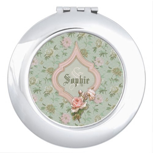 Personalized Girly Chic Green and Pink Floral Mirror For Makeup