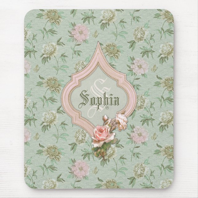 Personalized Girly Chic Green and Pink Floral Mouse Pad (Front)