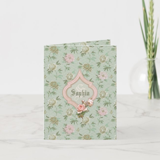 Personalized Girly Chic Green and Pink Floral Note Card