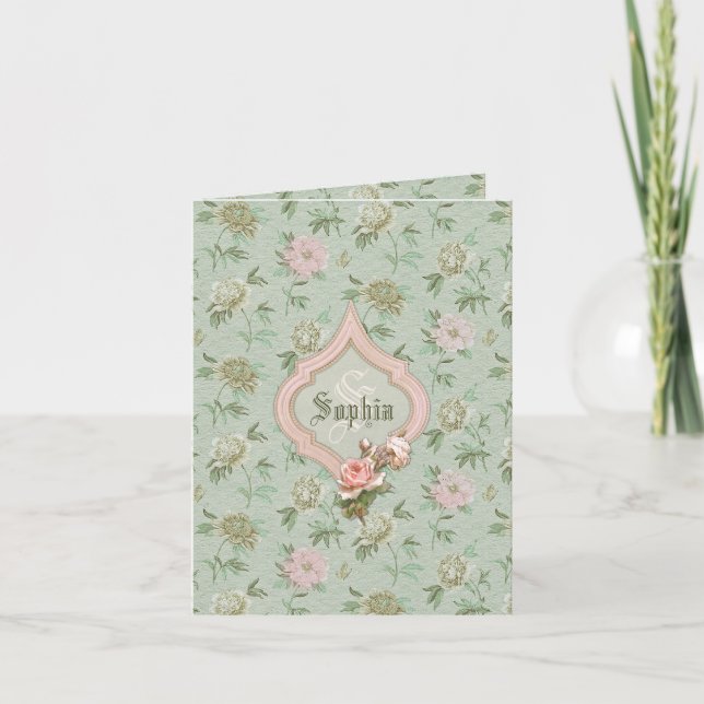 Personalized Girly Chic Green and Pink Floral Note Card (Front)