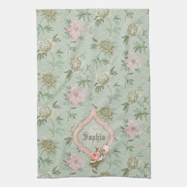 Personalized Girly Chic Green and Pink Floral Towel (Vertical)