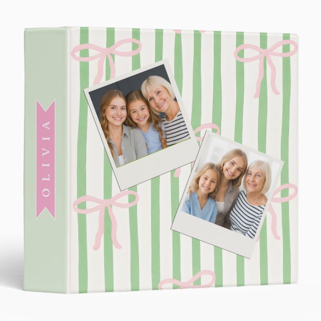 Personalized Girly Coquette Green Stripe Bow 3 Ring Binder (Front/Spine)
