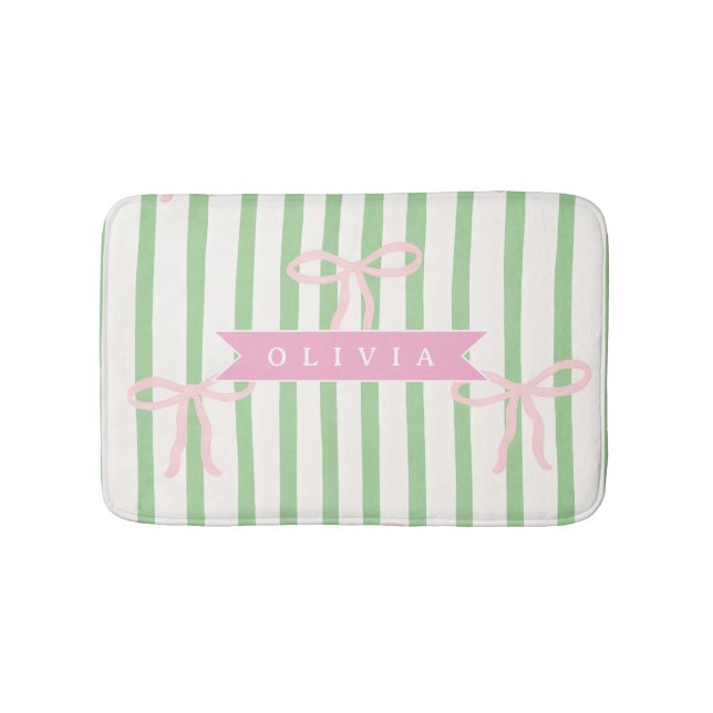 Personalized Girly Coquette Green Stripe Bow Bath Mat (Front)