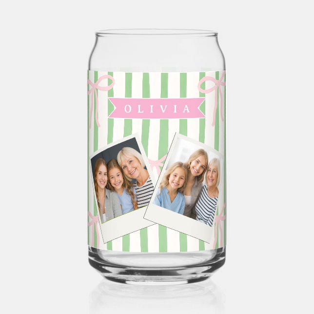 Personalized Girly Coquette Green Stripe Bow Can Glass (Front)