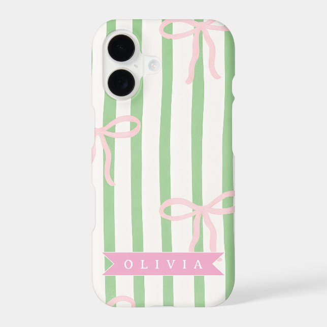 Personalized Girly Coquette Green Stripe Bow Case-Mate iPhone Case (Back)