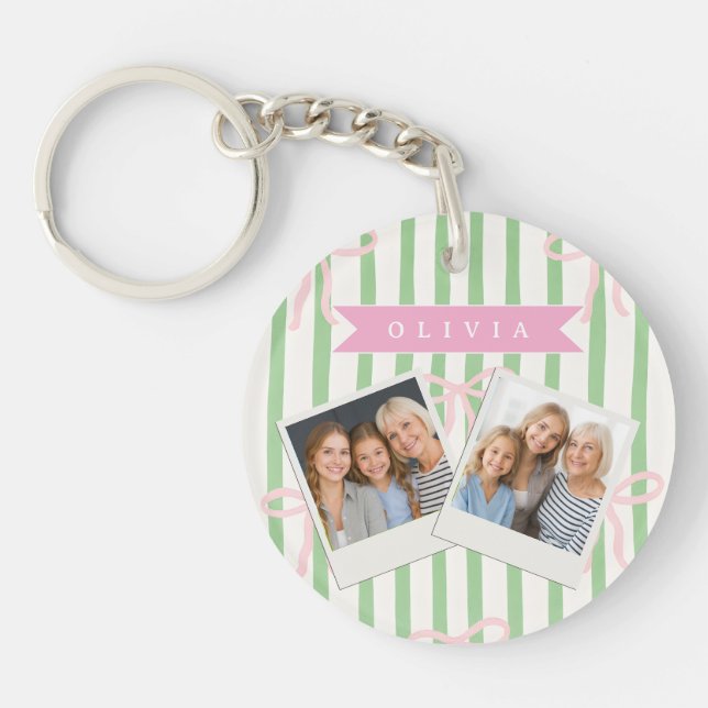 Personalized Girly Coquette Green Stripe Bow Keychain (Front)