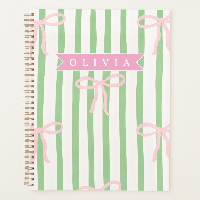 Personalized Girly Coquette Green Stripe Bow Planner (Front)