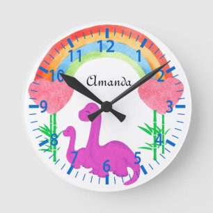 Personalized Girly Dinosaur Whimsical Bedroom Round Clock