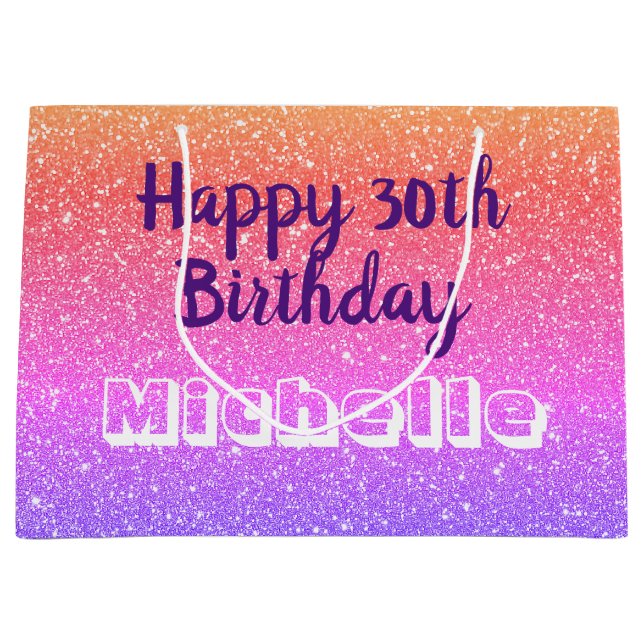 Personalized Girly Glitter 30th Birthday Large Gift Bag (Front)