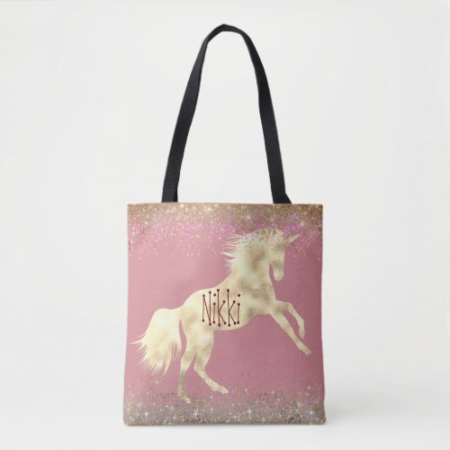 Personalized Girly Glittery Gold Unicorn Tote Bag