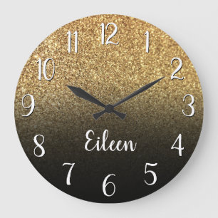 Personalized Girly Gold Glitter Black Ombre Large Clock
