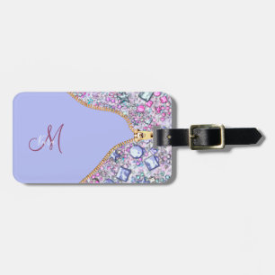 Personalized Girly Gold Glitter Monogrammed Blue Luggage Tag