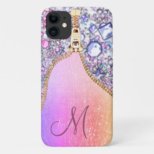Personalized Girly Gold Glitter Monogrammed Rose iPhone 11 Case