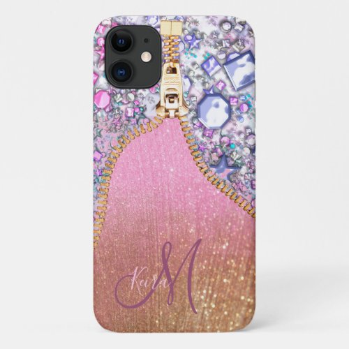 Personalized Girly Gold Glitter Monogrammed Rose iPhone 11 Case