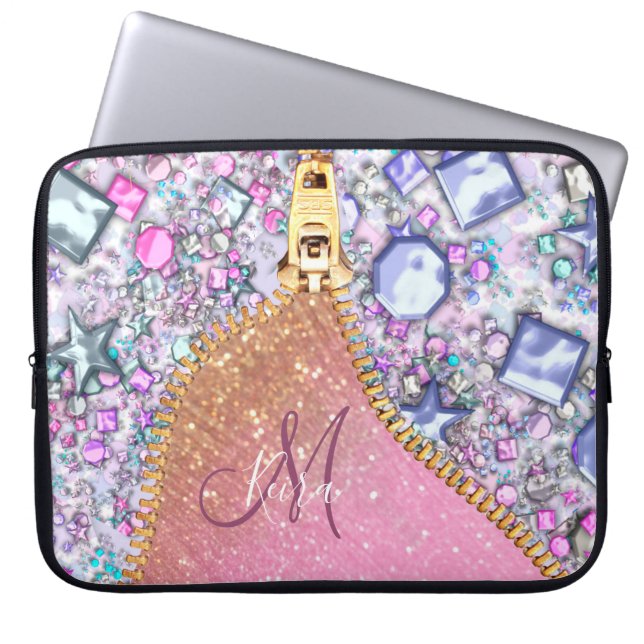 Personalized Girly Gold Glitter Monogrammed Rose Laptop Sleeve (Front)